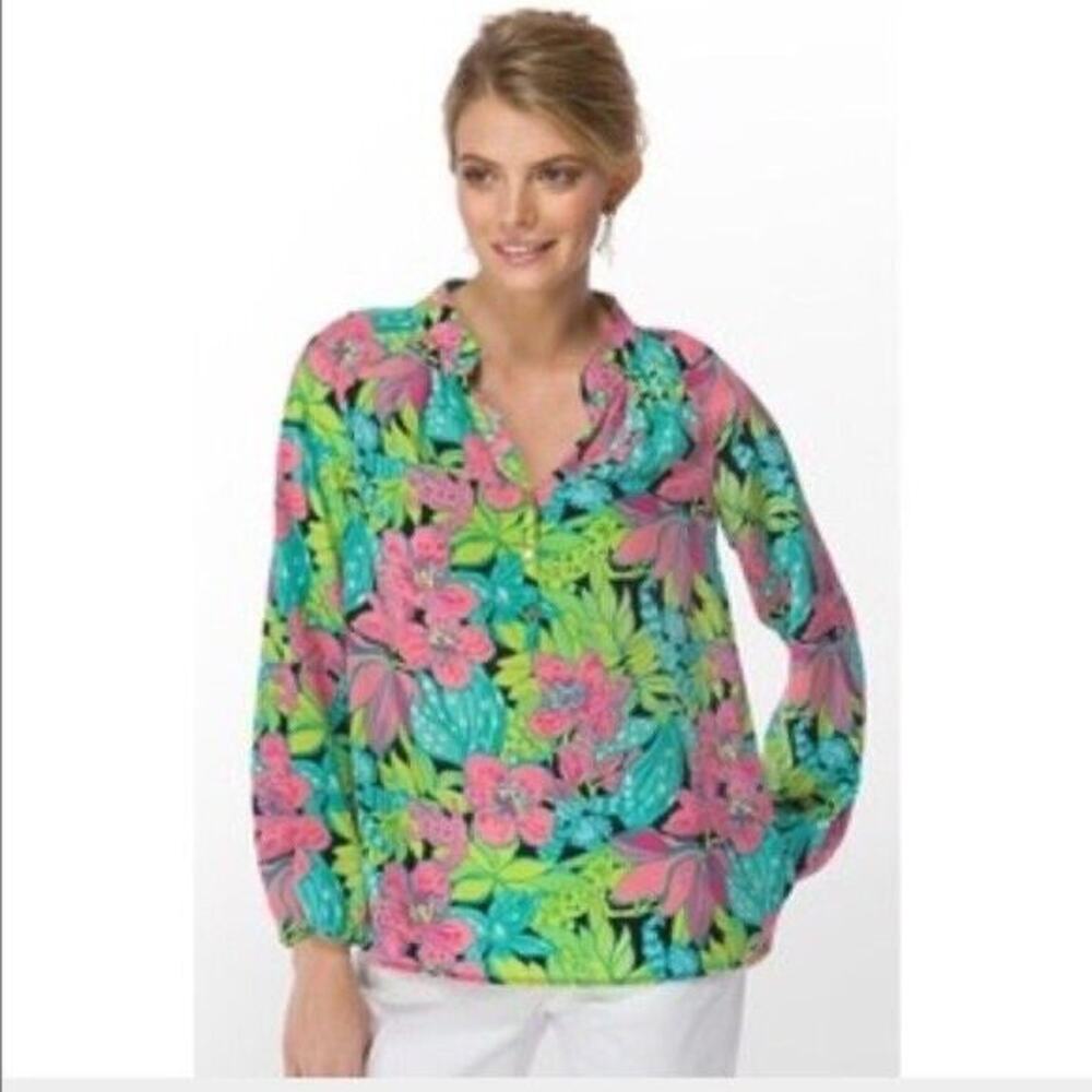 Lilly Pulitzer Size S 100% Silk Elsa Skip On It Top Blouse Frogs Floral - Picture 13 of 13
